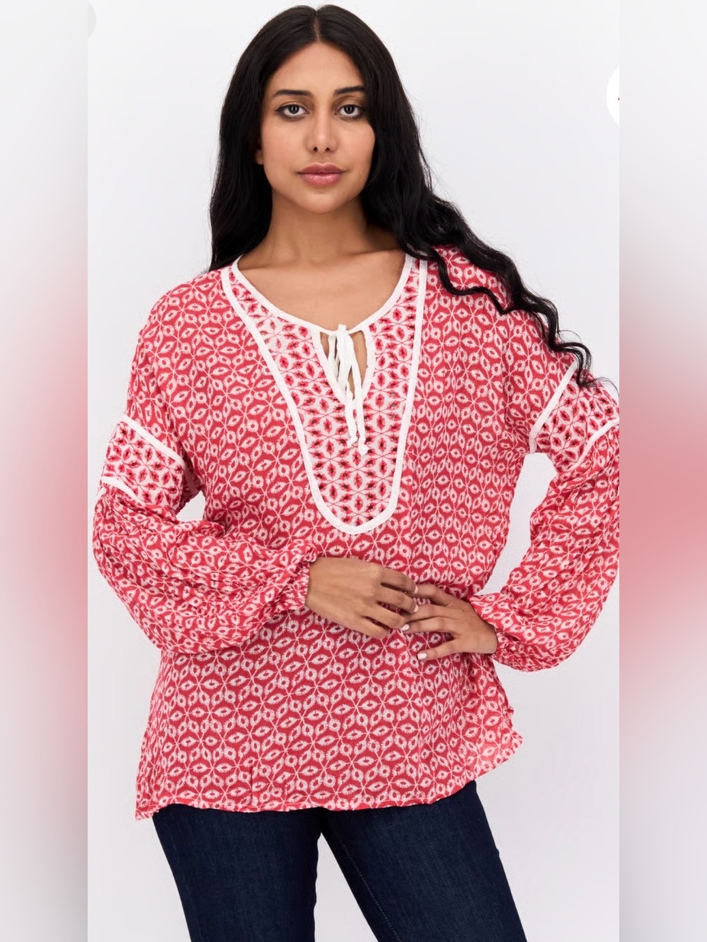Fever Red White Boho Peasant Blouse Tie Neck Balloon Sleeve Tunic Top Large